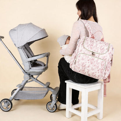 Quilted Diaper Bag Backpack, Compact Floral Diaper Backpack Purse with Stroller Straps Baby Travel Hospital Bag