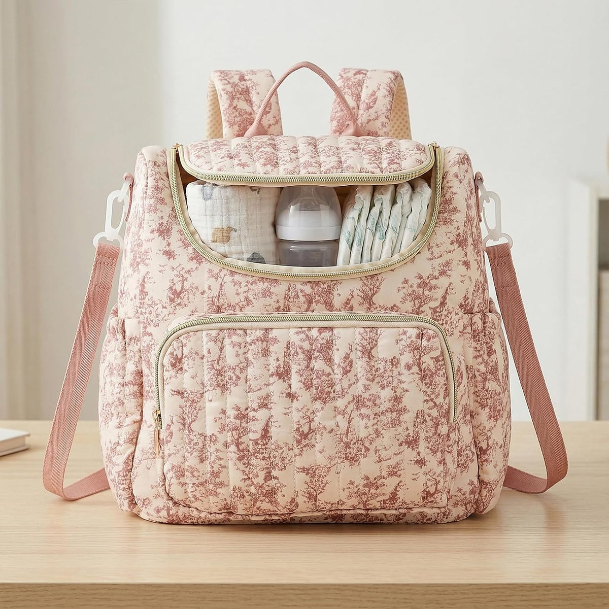 Quilted Diaper Bag Backpack, Compact Floral Diaper Backpack Purse with Stroller Straps Baby Travel Hospital Bag