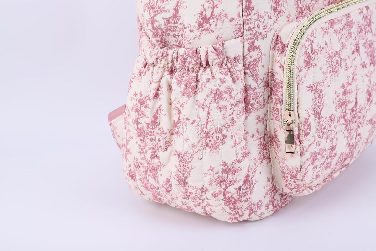 Quilted Diaper Bag Backpack, Compact Floral Diaper Backpack Purse with Stroller Straps Baby Travel Hospital Bag
