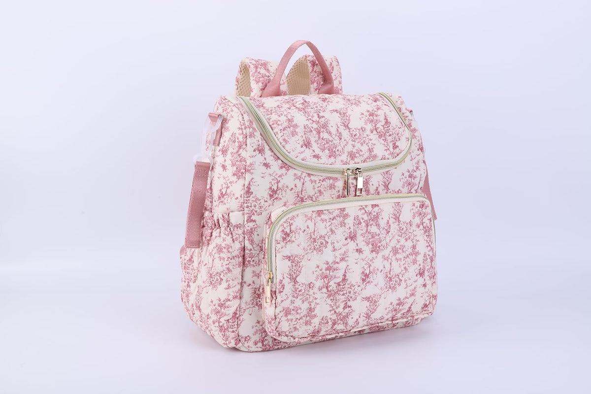Quilted Diaper Bag Backpack, Compact Floral Diaper Backpack Purse with Stroller Straps Baby Travel Hospital Bag
