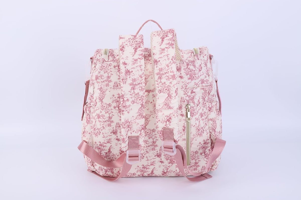 Quilted Diaper Bag Backpack, Compact Floral Diaper Backpack Purse with Stroller Straps Baby Travel Hospital Bag