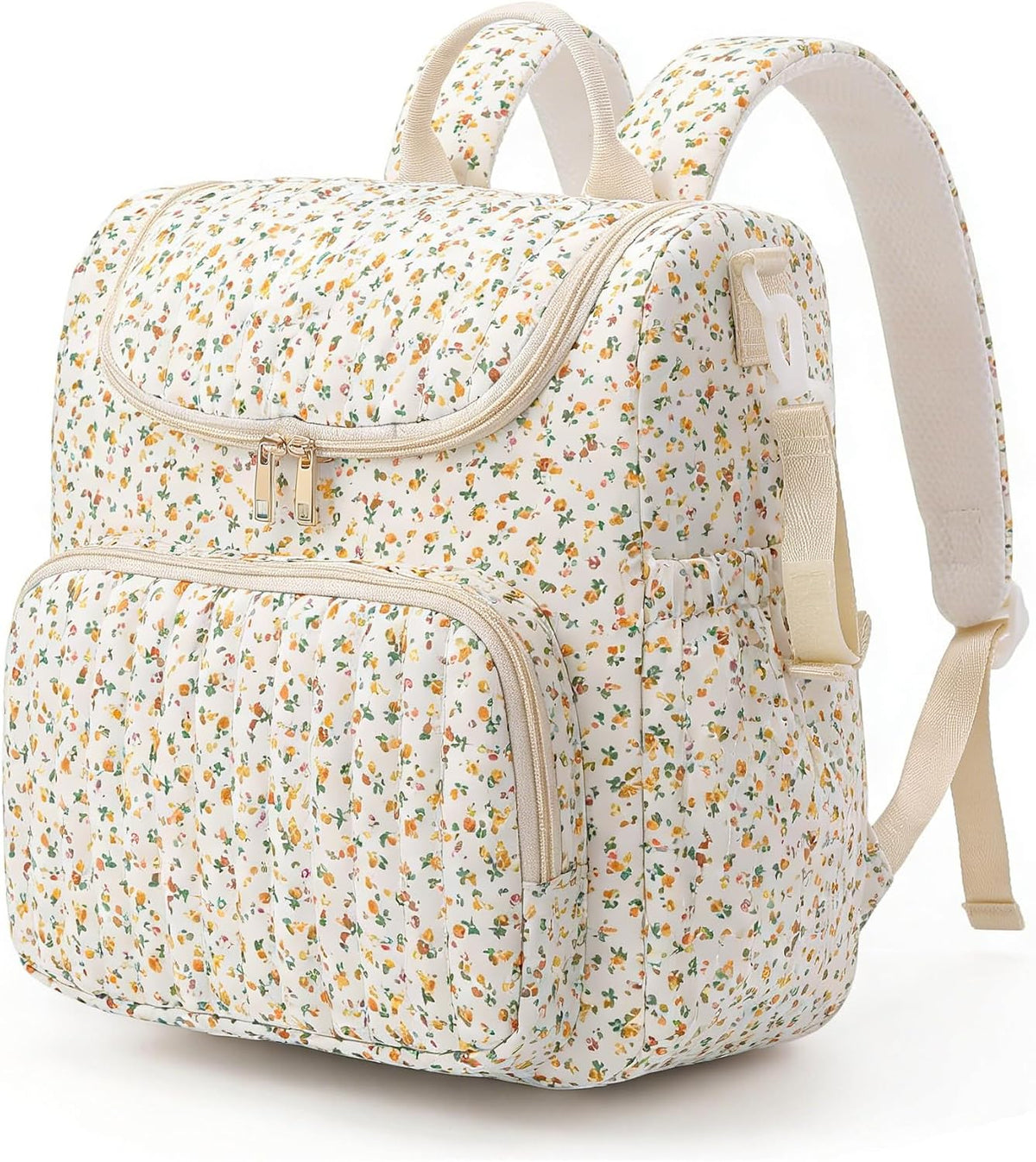 Quilted Diaper Bag Backpack, Compact Floral Diaper Backpack Purse with Stroller Straps Baby Travel Hospital Bag