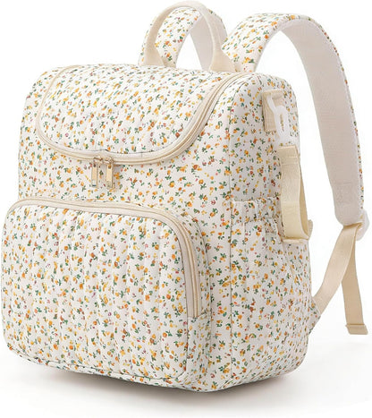 Quilted Diaper Bag Backpack, Compact Floral Diaper Backpack Purse with Stroller Straps Baby Travel Hospital Bag