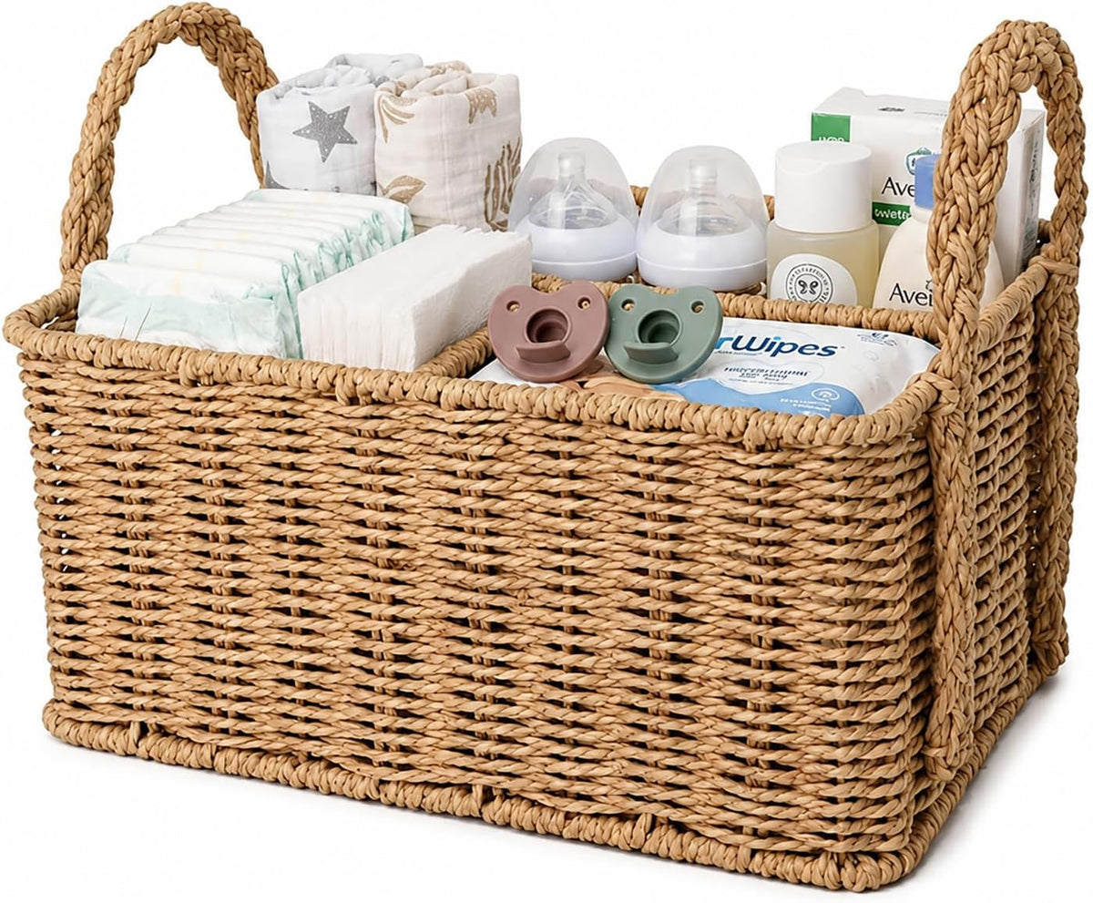 Diaper Caddy Organizer, Paper Rope Storage Baskets Nursery Bin with Removable Divider, Portable Car Organizer for Diapers, Baby Shower Gifts, Newborn Essentials Must Haves