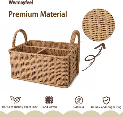 Diaper Caddy Organizer, Paper Rope Storage Baskets Nursery Bin with Removable Divider, Portable Car Organizer for Diapers, Baby Shower Gifts, Newborn Essentials Must Haves