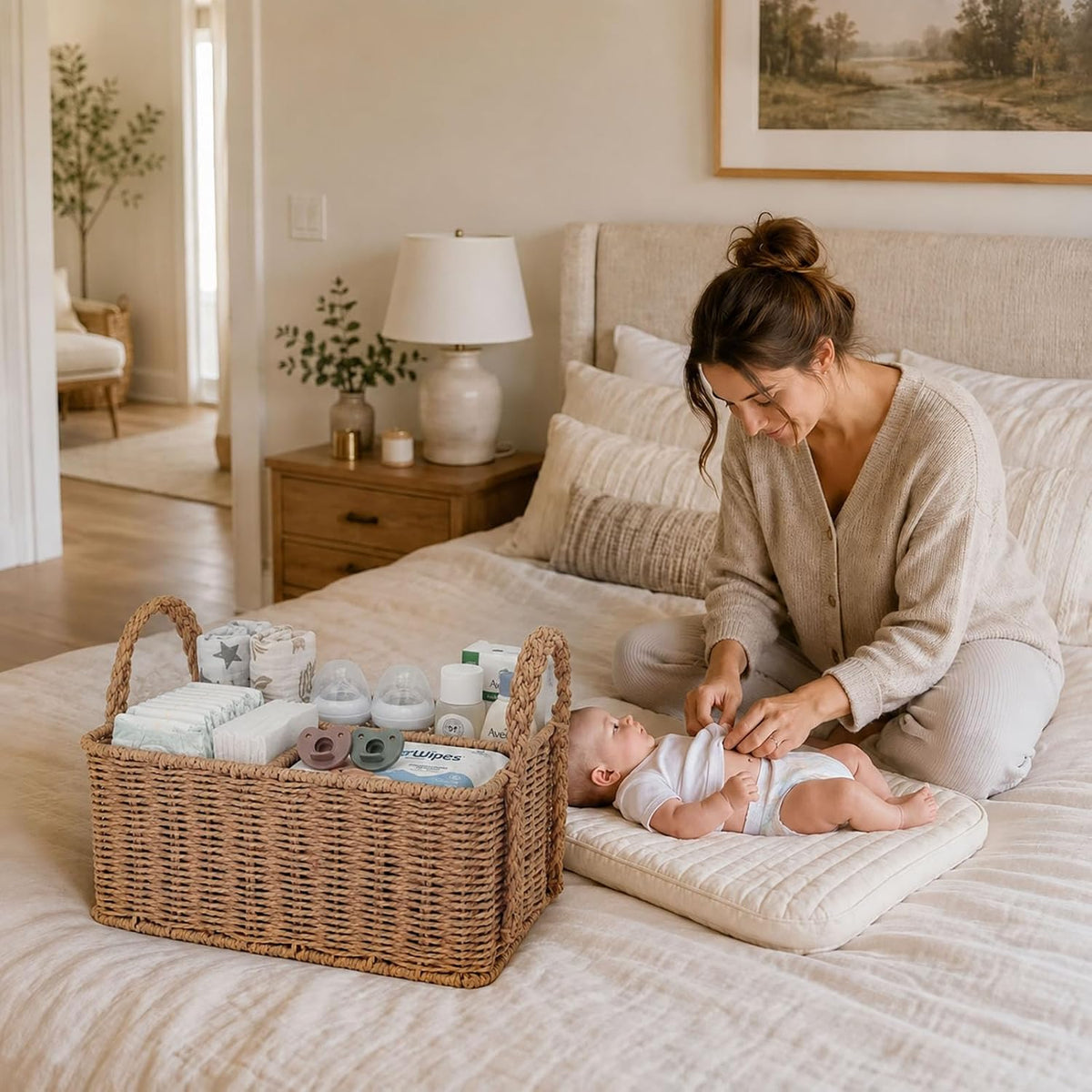 Diaper Caddy Organizer, Paper Rope Storage Baskets Nursery Bin with Removable Divider, Portable Car Organizer for Diapers, Baby Shower Gifts, Newborn Essentials Must Haves