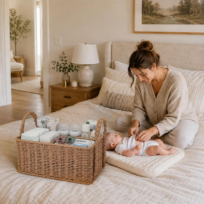 Diaper Caddy Organizer, Paper Rope Storage Baskets Nursery Bin with Removable Divider, Portable Car Organizer for Diapers, Baby Shower Gifts, Newborn Essentials Must Haves