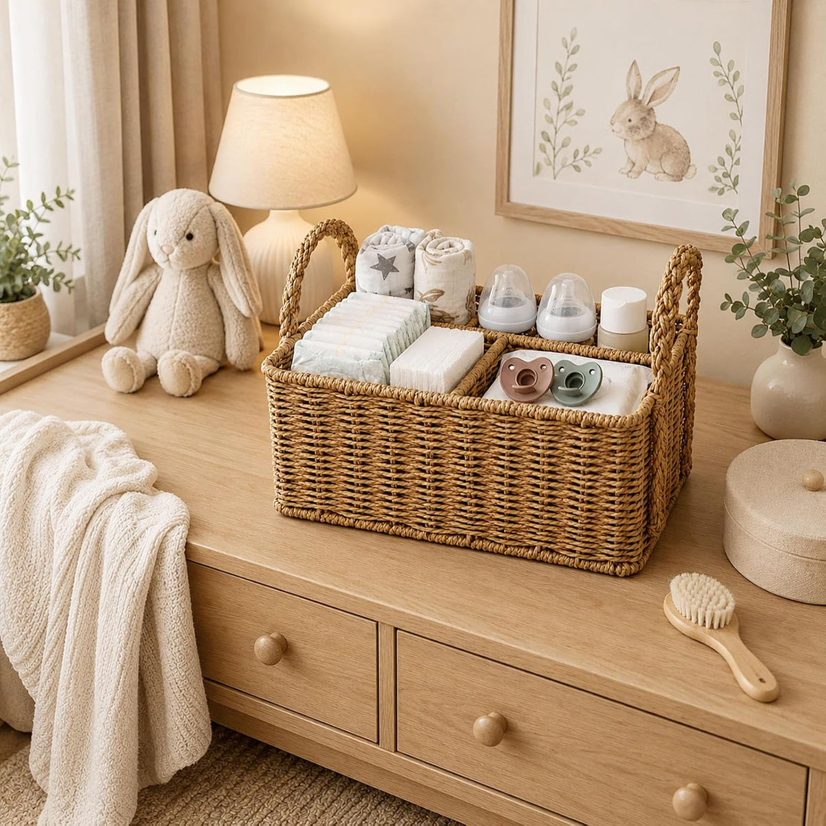 Diaper Caddy Organizer, Paper Rope Storage Baskets Nursery Bin with Removable Divider, Portable Car Organizer for Diapers, Baby Shower Gifts, Newborn Essentials Must Haves