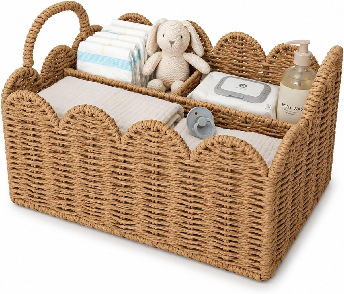 Diaper Caddy Organizer, Paper Rope Storage Baskets Nursery Bin with Removable Divider, Portable Car Organizer for Diapers, Baby Shower Gifts, Newborn Essentials Must Haves