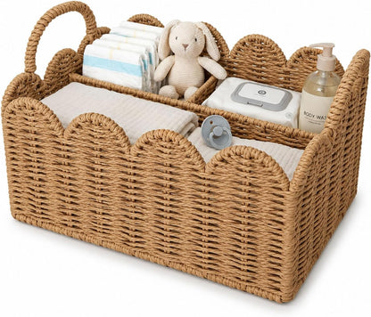 Diaper Caddy Organizer, Paper Rope Storage Baskets Nursery Bin with Removable Divider, Portable Car Organizer for Diapers, Baby Shower Gifts, Newborn Essentials Must Haves