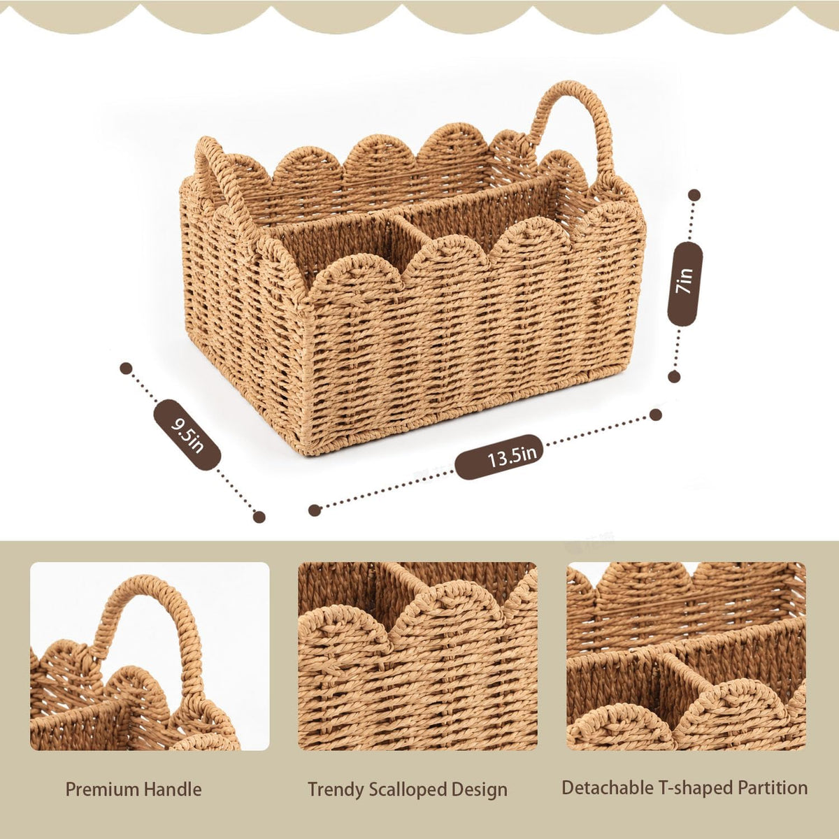 Diaper Caddy Organizer, Paper Rope Storage Baskets Nursery Bin with Removable Divider, Portable Car Organizer for Diapers, Baby Shower Gifts, Newborn Essentials Must Haves