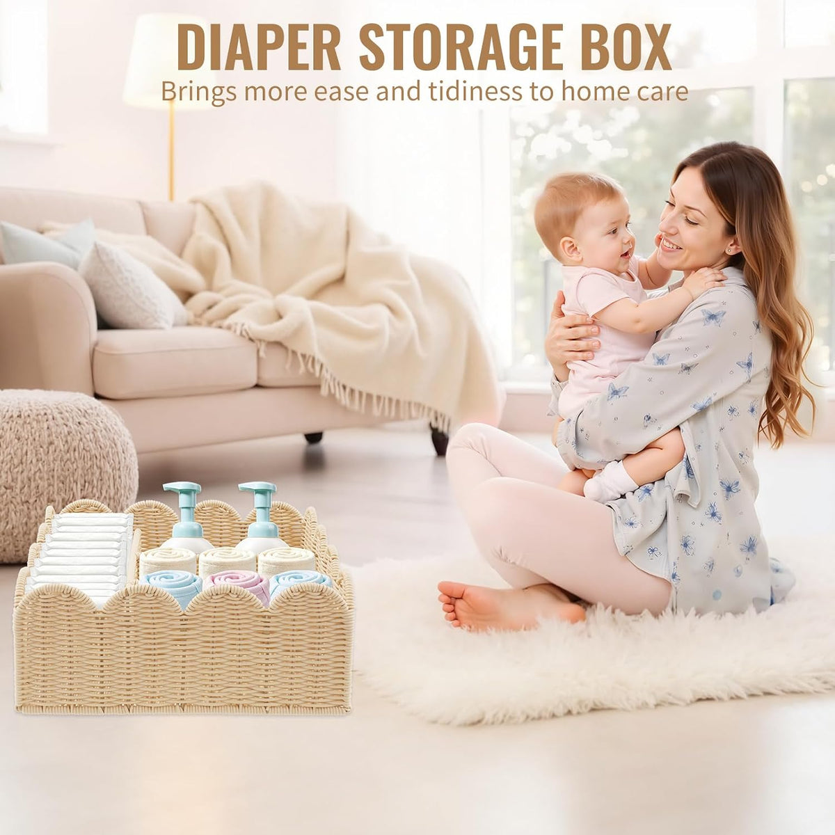 Diaper Caddy Organizer, Scalloped Changing Table Organizer with 4 Dividers