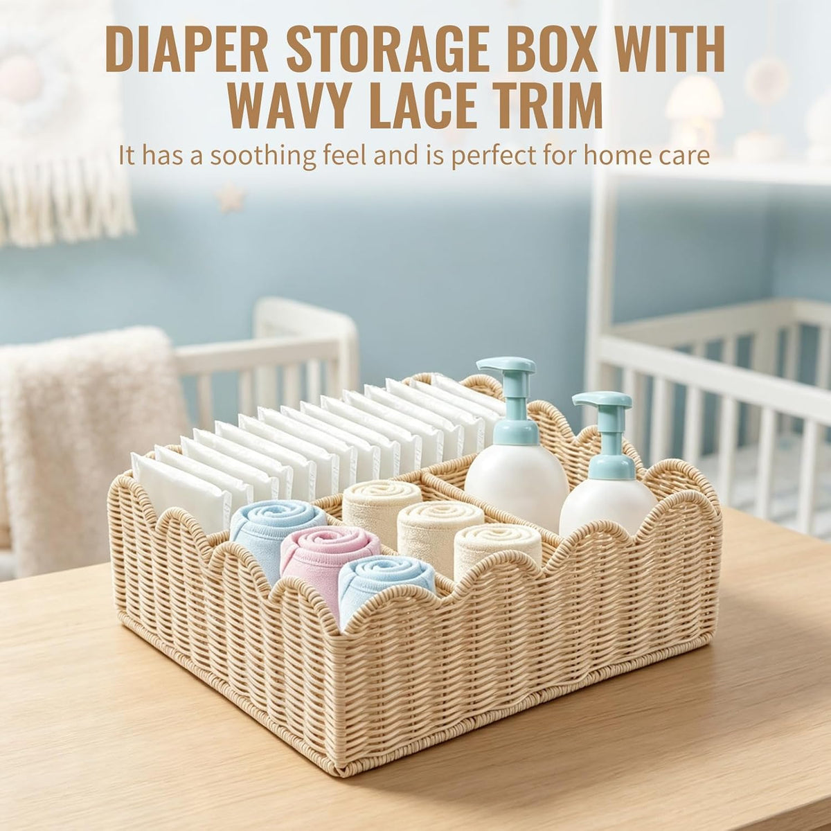 Diaper Caddy Organizer, Scalloped Changing Table Organizer with 4 Dividers