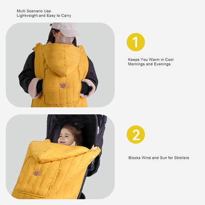 Winter Windproof Baby Carrier Cover | Soft Plush Lining Newborn Hooded Cover with Pockets for Infant Car Seat Canopy Nursing Shopping Cart Liner Cold Weather Outdoor Walks (Yellow with Bear