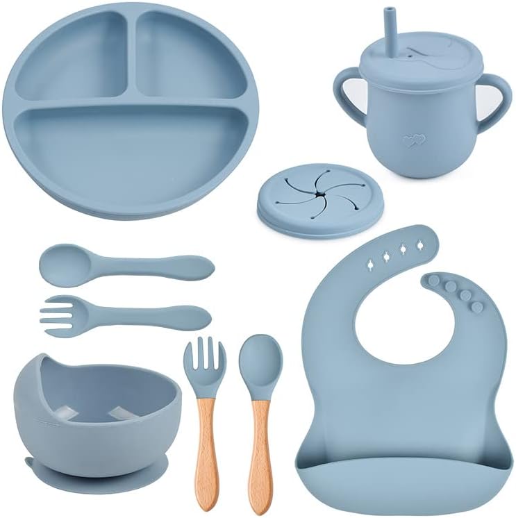 Silicone Baby Feeding Set, 9 Piece, with Divided Plate, Suction Bowl, Sippy Cup, Bib, Spoons and Forks (Blue)