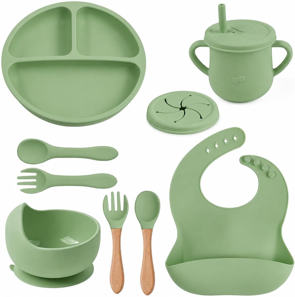 Silicone Baby Feeding Set, 9 Piece, with Divided Plate, Suction Bowl, Sippy Cup, Bib, Spoons and Forks (Blue)