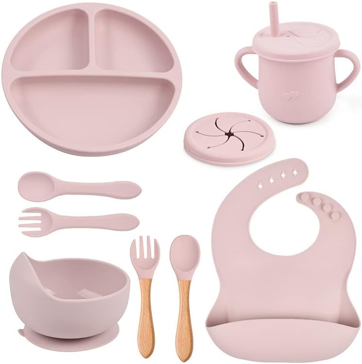 Silicone Baby Feeding Set, 9 Piece, with Divided Plate, Suction Bowl, Sippy Cup, Bib, Spoons and Forks (Blue)