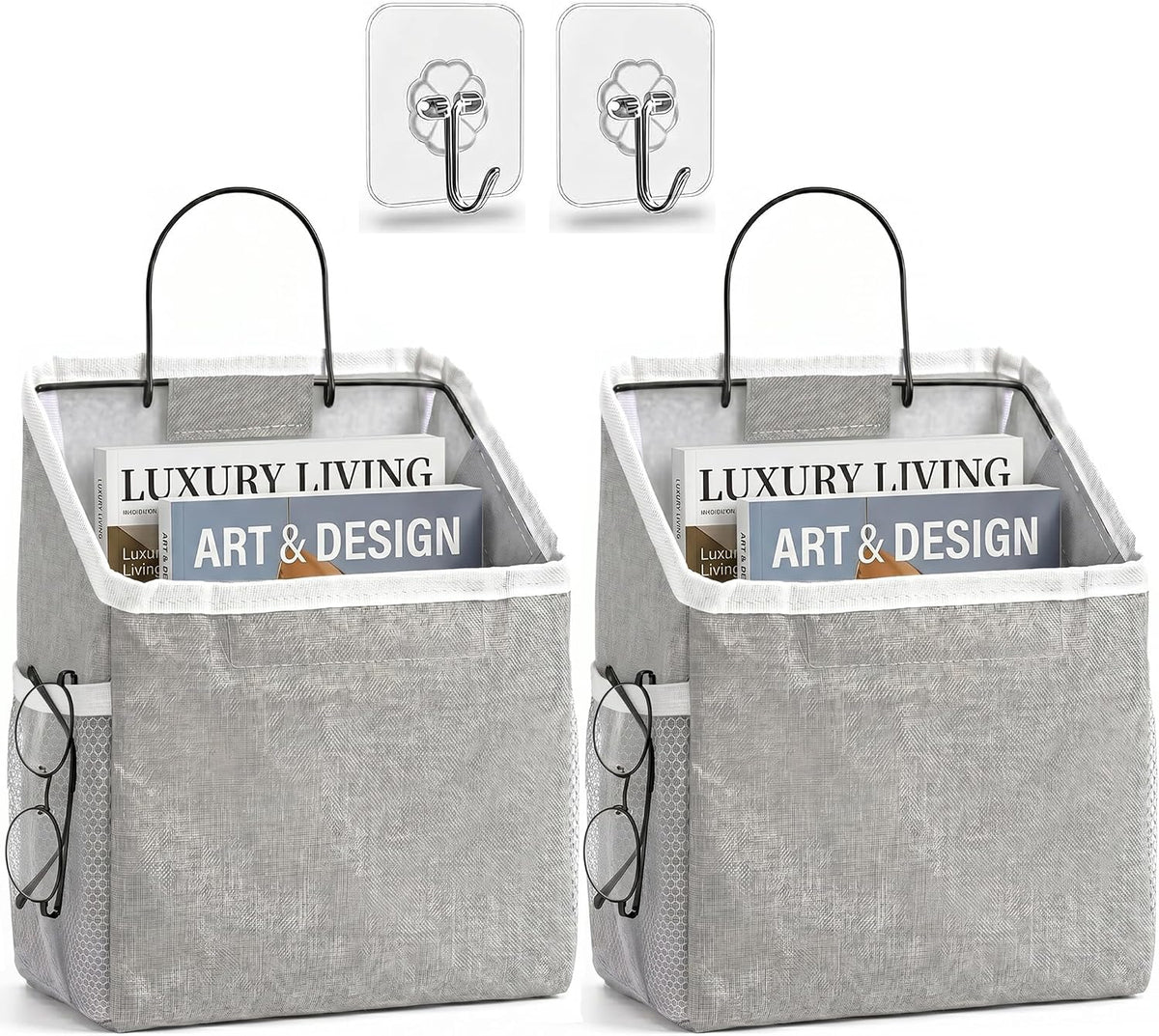 Wall Hanging Organizer Bag, 2-Pack Linen Storage Baskets, Wall Hanging Storage Basket for Bedroom, Kitchen, Office, RV Camper (Gray-2ps)