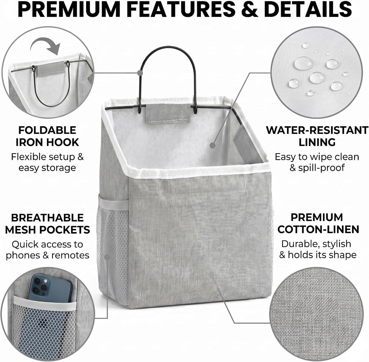 Wall Hanging Organizer Bag, 2-Pack Linen Storage Baskets, Wall Hanging Storage Basket for Bedroom, Kitchen, Office, RV Camper (Gray-2ps)