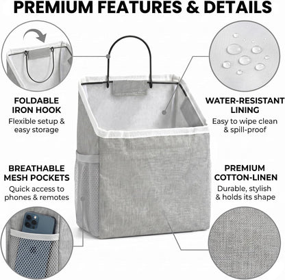Wall Hanging Organizer Bag, 2-Pack Linen Storage Baskets, Wall Hanging Storage Basket for Bedroom, Kitchen, Office, RV Camper (Gray-2ps)