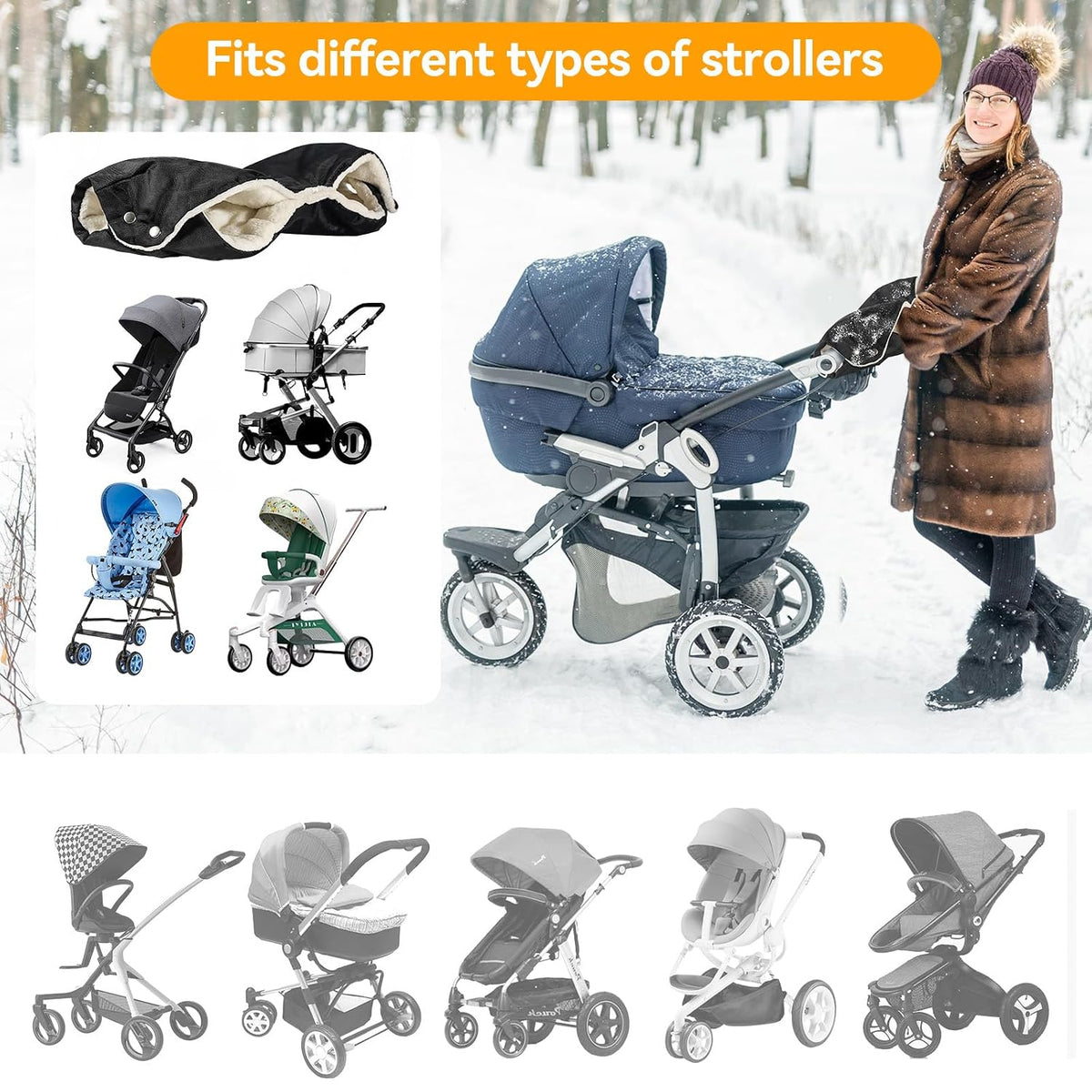 Stroller Hand Muff, Thick Gloves Anti-Freeze, Hand Warmer Muff with Fleece, Waterproof, Windproof, Universal Size for Pushchairs