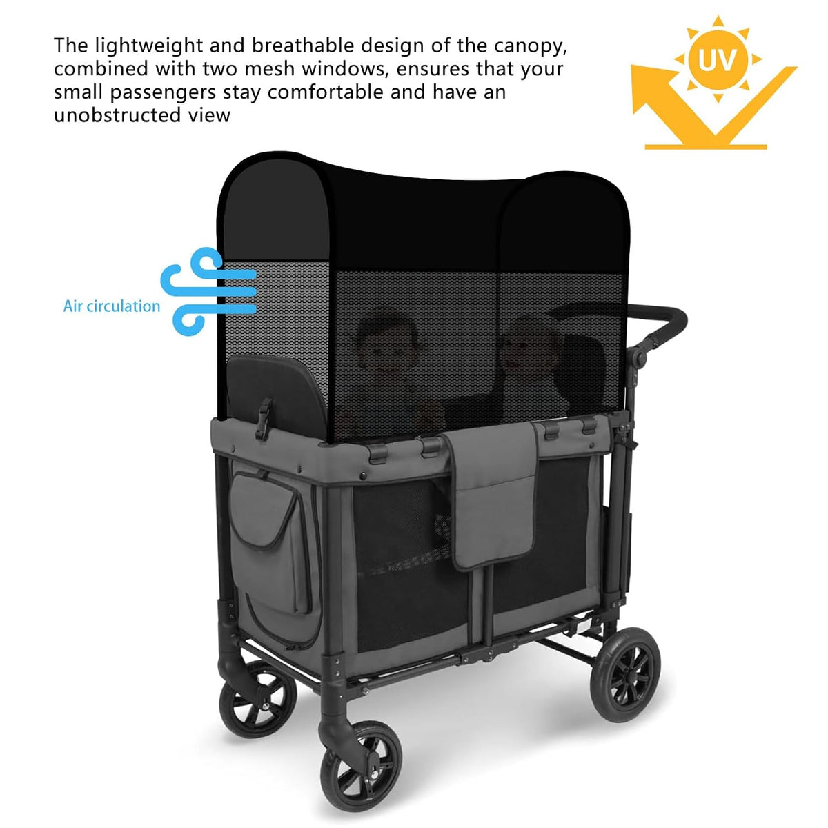 Stretchy Panoramic Canopy Compatible with Wonderfold Stroller Wagons W2/W4 All Models,UPF50+ Sun Protection with Two Mesh Windows,Sun Shade and Protection(Black)
