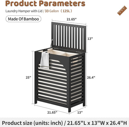Laundry Hamper with Lid, Bamboo with Handles and Removable Liner Bag, 125L Laundry Basket for Bedroom, Bathroom & Laundry Room (Natural)