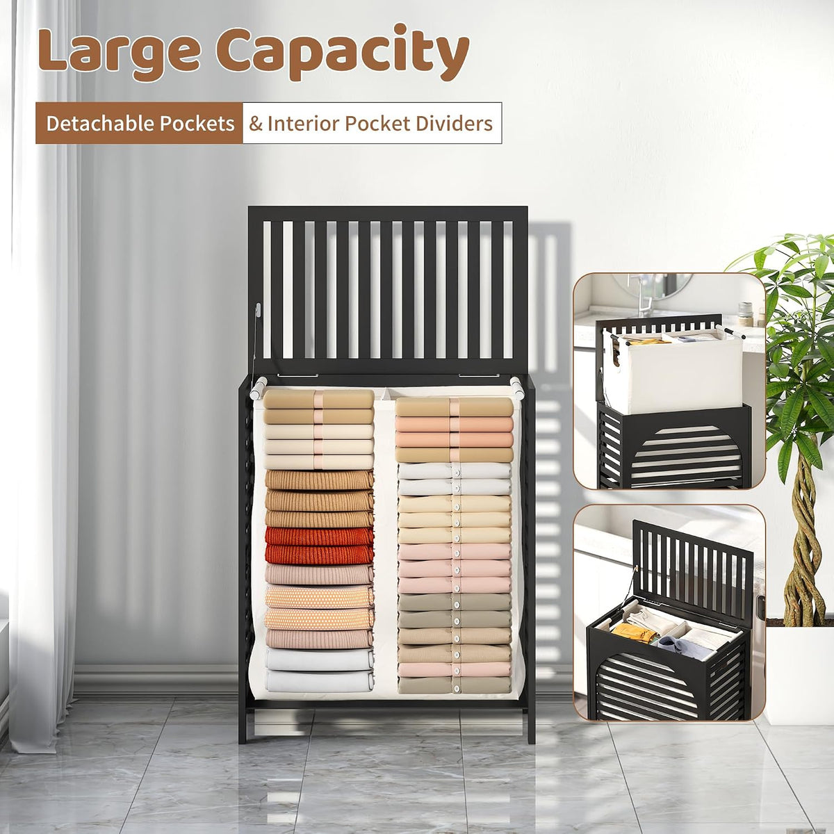 Laundry Hamper with Lid, Bamboo with Handles and Removable Liner Bag, 125L Laundry Basket for Bedroom, Bathroom & Laundry Room (Natural)