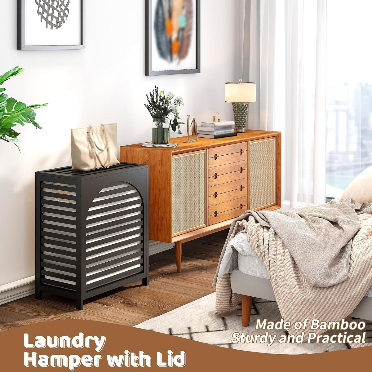 Laundry Hamper with Lid, Bamboo with Handles and Removable Liner Bag, 125L Laundry Basket for Bedroom, Bathroom & Laundry Room (Natural)