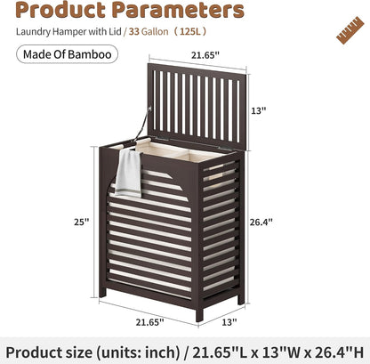 Laundry Hamper with Lid, Bamboo with Handles and Removable Liner Bag, 125L Laundry Basket for Bedroom, Bathroom & Laundry Room (Natural)