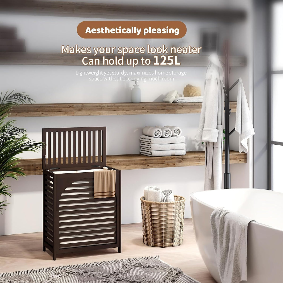 Laundry Hamper with Lid, Bamboo with Handles and Removable Liner Bag, 125L Laundry Basket for Bedroom, Bathroom & Laundry Room (Natural)
