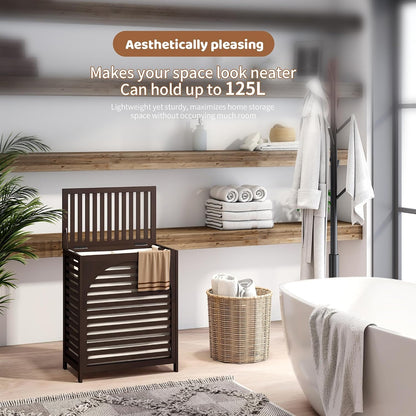 Laundry Hamper with Lid, Bamboo with Handles and Removable Liner Bag, 125L Laundry Basket for Bedroom, Bathroom & Laundry Room (Natural)