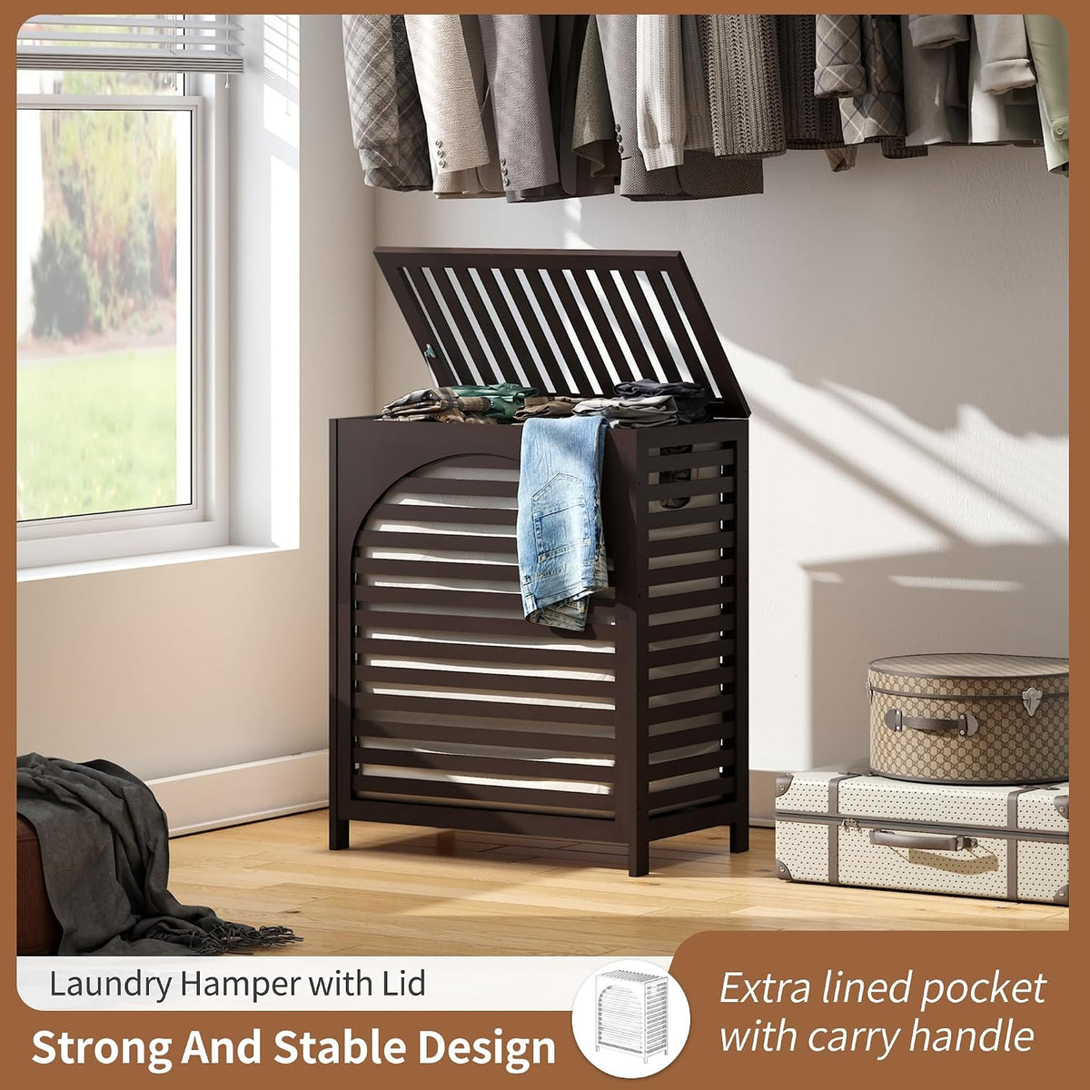 Laundry Hamper with Lid, Bamboo with Handles and Removable Liner Bag, 125L Laundry Basket for Bedroom, Bathroom & Laundry Room (Natural)