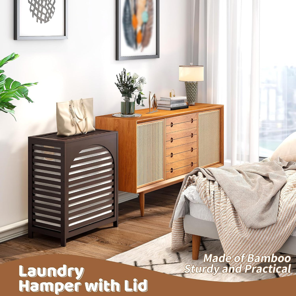 Laundry Hamper with Lid, Bamboo with Handles and Removable Liner Bag, 125L Laundry Basket for Bedroom, Bathroom & Laundry Room (Natural)