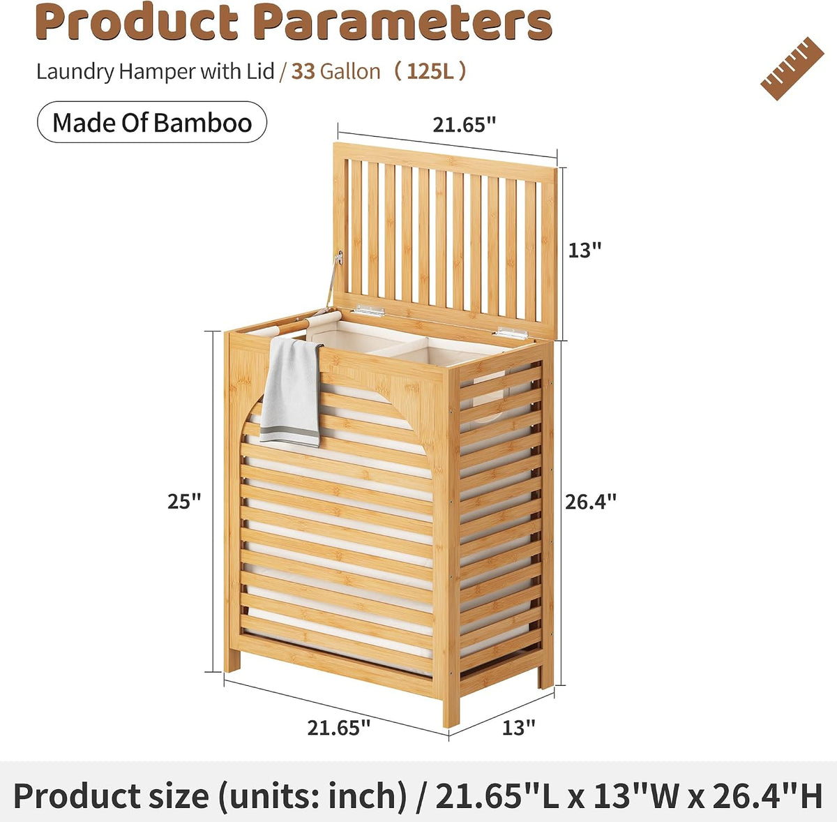 Laundry Hamper with Lid, Bamboo with Handles and Removable Liner Bag, 125L Laundry Basket for Bedroom, Bathroom & Laundry Room (Natural)