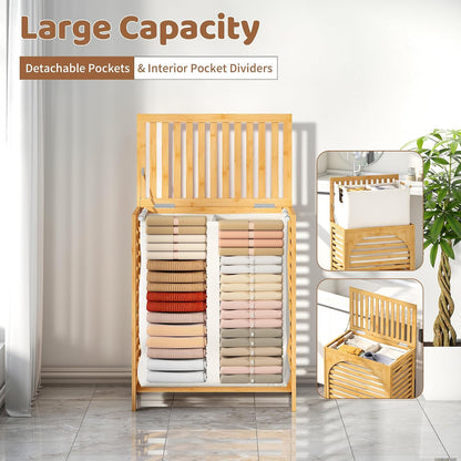 Laundry Hamper with Lid, Bamboo with Handles and Removable Liner Bag, 125L Laundry Basket for Bedroom, Bathroom & Laundry Room (Natural)