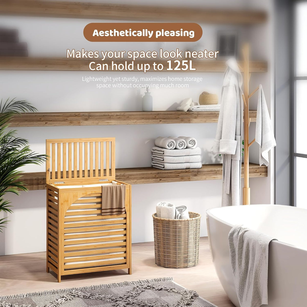 Laundry Hamper with Lid, Bamboo with Handles and Removable Liner Bag, 125L Laundry Basket for Bedroom, Bathroom & Laundry Room (Natural)