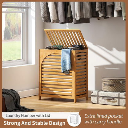 Laundry Hamper with Lid, Bamboo with Handles and Removable Liner Bag, 125L Laundry Basket for Bedroom, Bathroom & Laundry Room (Natural)