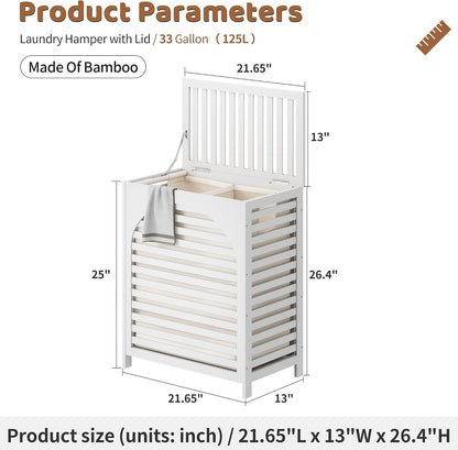 Laundry Hamper with Lid, Bamboo with Handles and Removable Liner Bag, 125L Laundry Basket for Bedroom, Bathroom & Laundry Room (Natural)