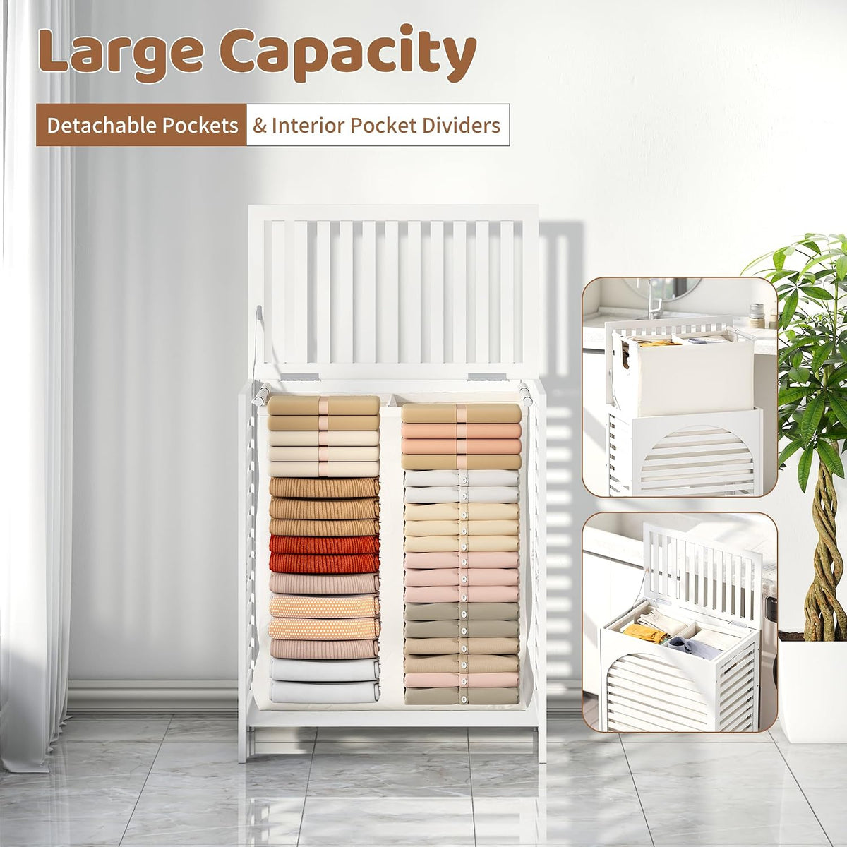 Laundry Hamper with Lid, Bamboo with Handles and Removable Liner Bag, 125L Laundry Basket for Bedroom, Bathroom & Laundry Room (Natural)