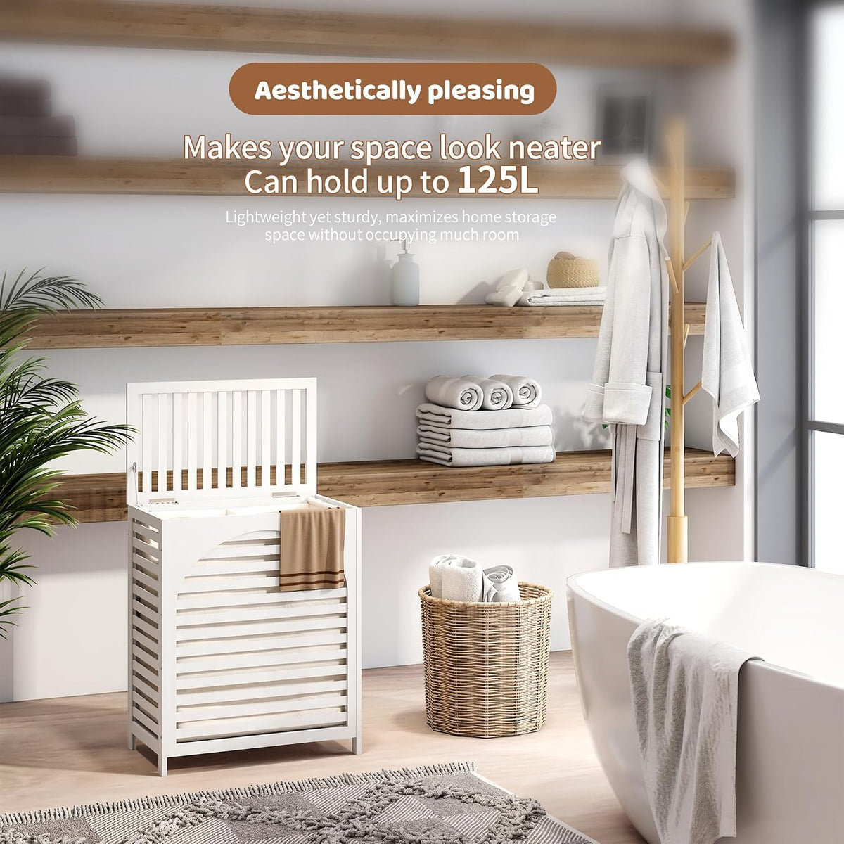 Laundry Hamper with Lid, Bamboo with Handles and Removable Liner Bag, 125L Laundry Basket for Bedroom, Bathroom & Laundry Room (Natural)