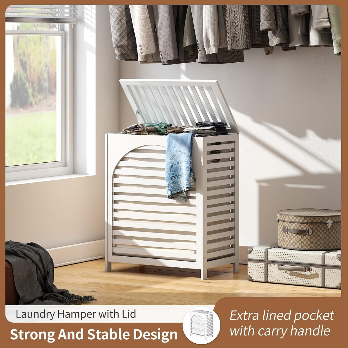 Laundry Hamper with Lid, Bamboo with Handles and Removable Liner Bag, 125L Laundry Basket for Bedroom, Bathroom & Laundry Room (Natural)