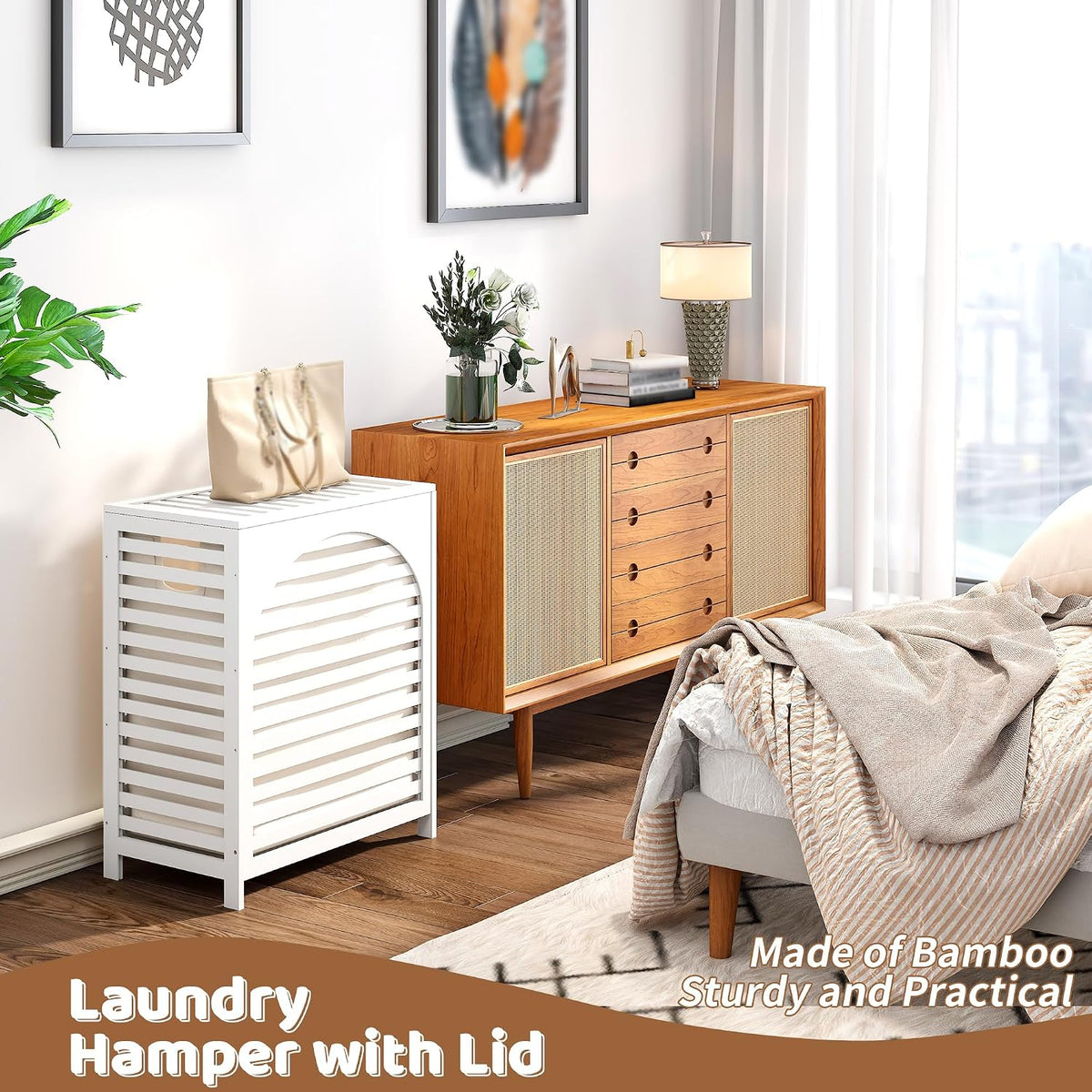 Laundry Hamper with Lid, Bamboo with Handles and Removable Liner Bag, 125L Laundry Basket for Bedroom, Bathroom & Laundry Room (Natural)