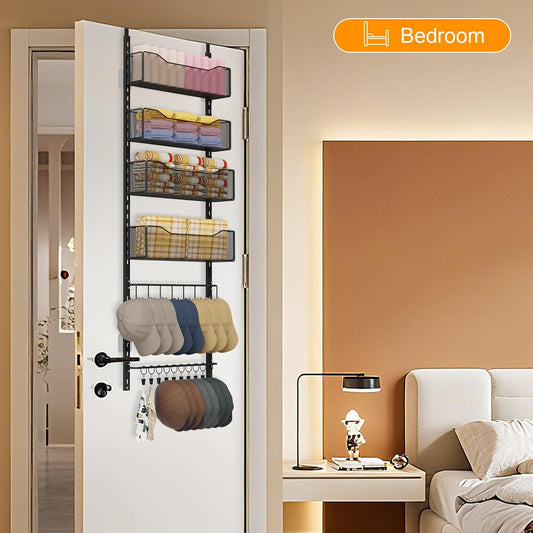 Over the Door Organizer, 2 in 1 Metal Hanging Closet Organizer & Hat Rack with 4 Adjustable Baskets, 8 Hooks, 10 Clips, Behind The Door Storage for Bedroom, Bathroom, Entrance, Closet, Kitchen, Black