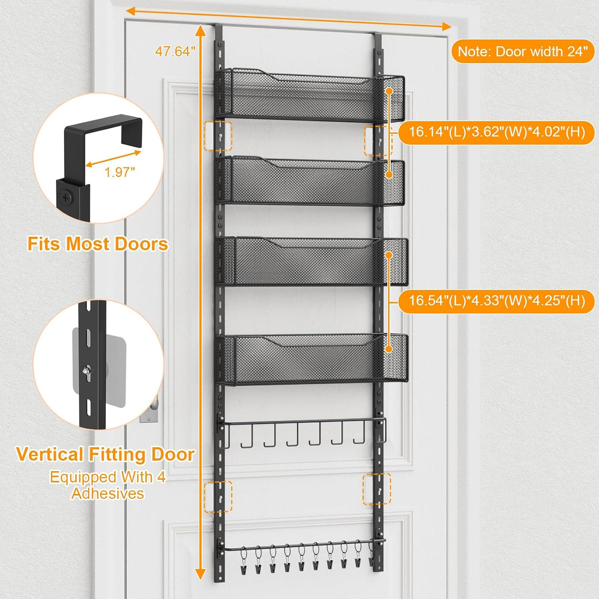 Over the Door Organizer, 2 in 1 Metal Hanging Closet Organizer & Hat Rack with 4 Adjustable Baskets, 8 Hooks, 10 Clips, Behind The Door Storage for Bedroom, Bathroom, Entrance, Closet, Kitchen, Black