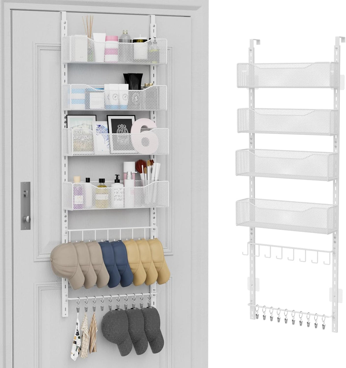 Over the Door Organizer, 2 in 1 Metal Hanging Closet Organizer & Hat Rack with 4 Adjustable Baskets, 8 Hooks, 10 Clips, Behind The Door Storage for Bedroom, Bathroom, Entrance, Closet, Kitchen, Black