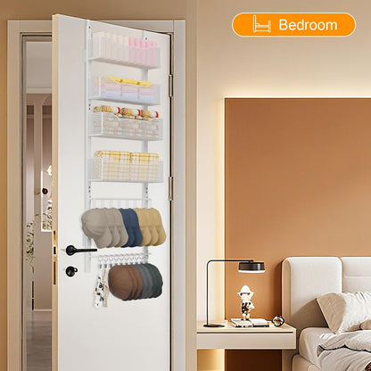 Over the Door Organizer, 2 in 1 Metal Hanging Closet Organizer & Hat Rack with 4 Adjustable Baskets, 8 Hooks, 10 Clips, Behind The Door Storage for Bedroom, Bathroom, Entrance, Closet, Kitchen, Black