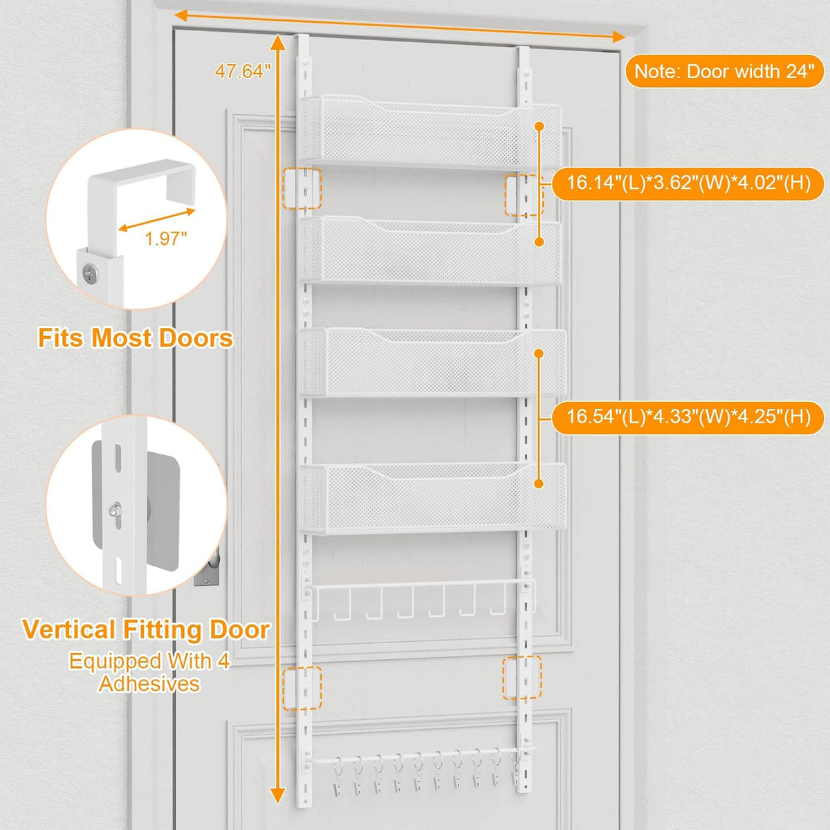 Over the Door Organizer, 2 in 1 Metal Hanging Closet Organizer & Hat Rack with 4 Adjustable Baskets, 8 Hooks, 10 Clips, Behind The Door Storage for Bedroom, Bathroom, Entrance, Closet, Kitchen, Black