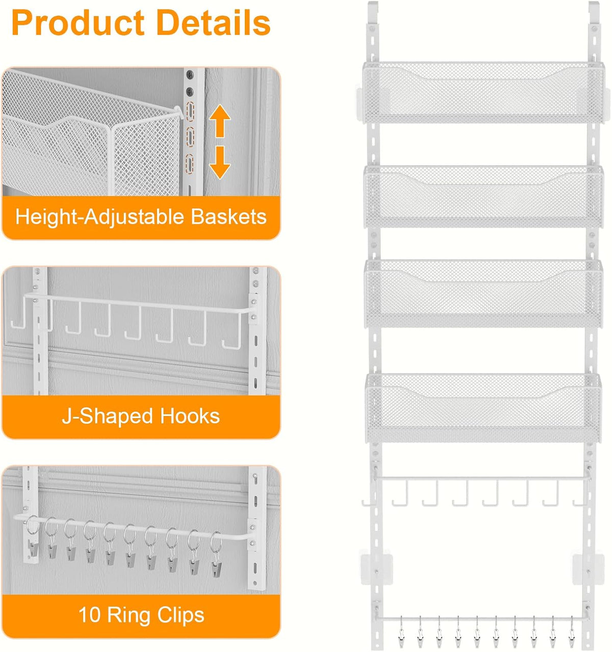 Over the Door Organizer, 2 in 1 Metal Hanging Closet Organizer & Hat Rack with 4 Adjustable Baskets, 8 Hooks, 10 Clips, Behind The Door Storage for Bedroom, Bathroom, Entrance, Closet, Kitchen, Black