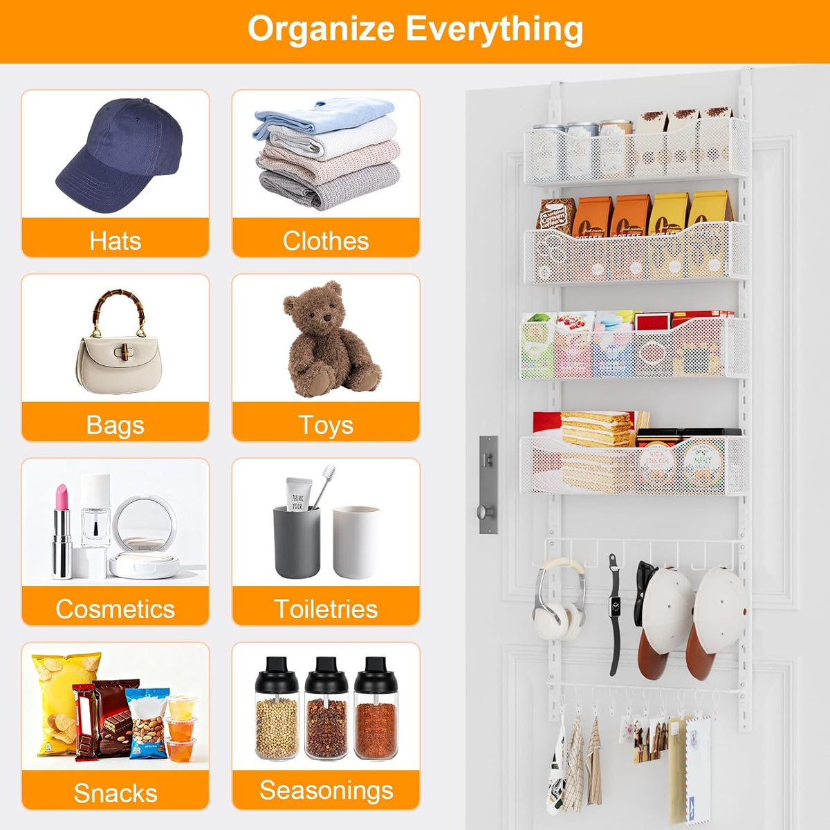 Over the Door Organizer, 2 in 1 Metal Hanging Closet Organizer & Hat Rack with 4 Adjustable Baskets, 8 Hooks, 10 Clips, Behind The Door Storage for Bedroom, Bathroom, Entrance, Closet, Kitchen, Black